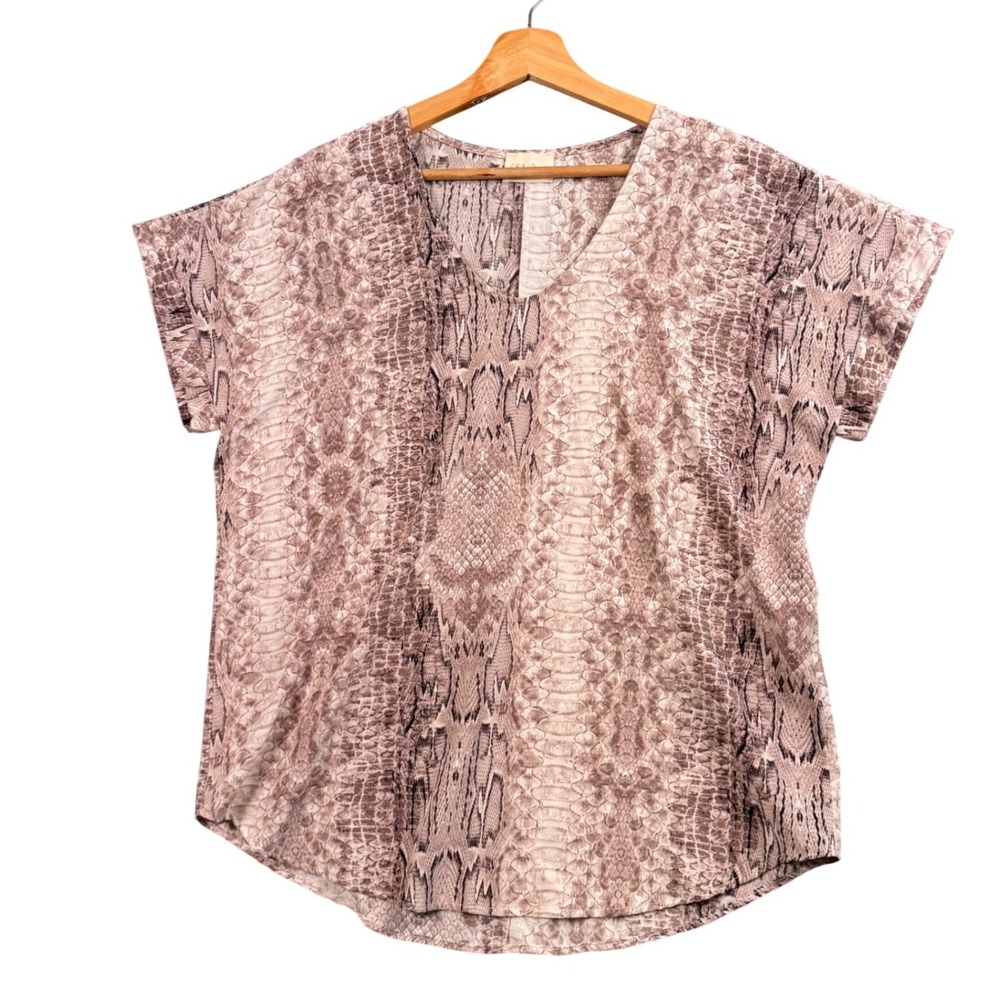 Snakeskin Print Boho Blouse Small V‎ Neck Chic Neutral Top 143 Story